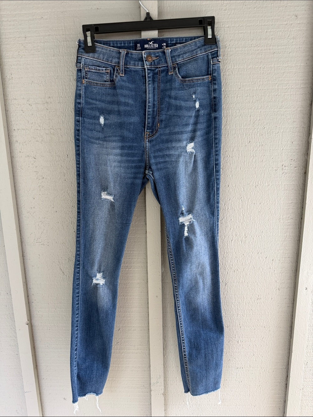 Hollister Women's Ripped Medium Blue Skinny Jeans